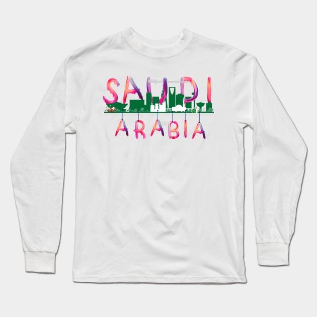 Saudi Arabia watercolor  Landmarks - pink lettering ( Saudicraft Serenity ) Long Sleeve T-Shirt by zoolos